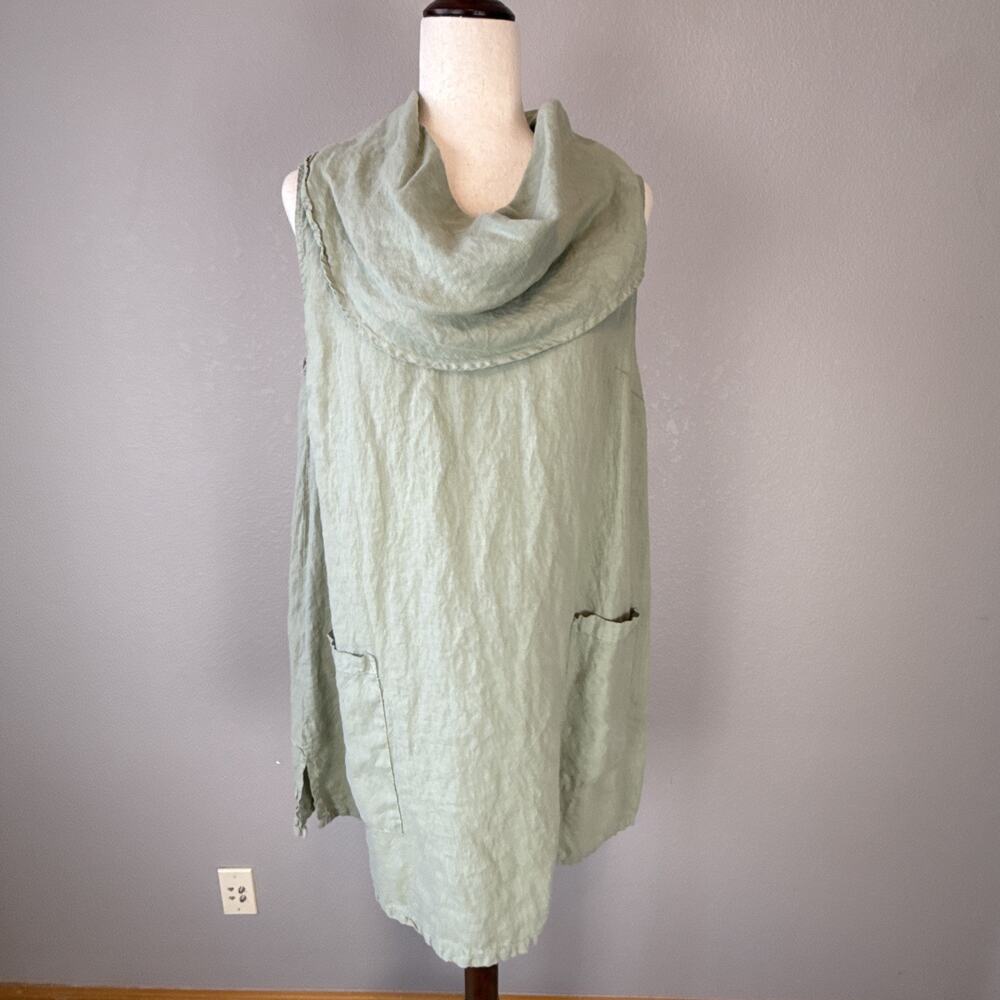 Match Point Cowl Neck Sleeveless Tunic Top Shirt Size S Sage Green Linen Pockets - Picture 2 of 7